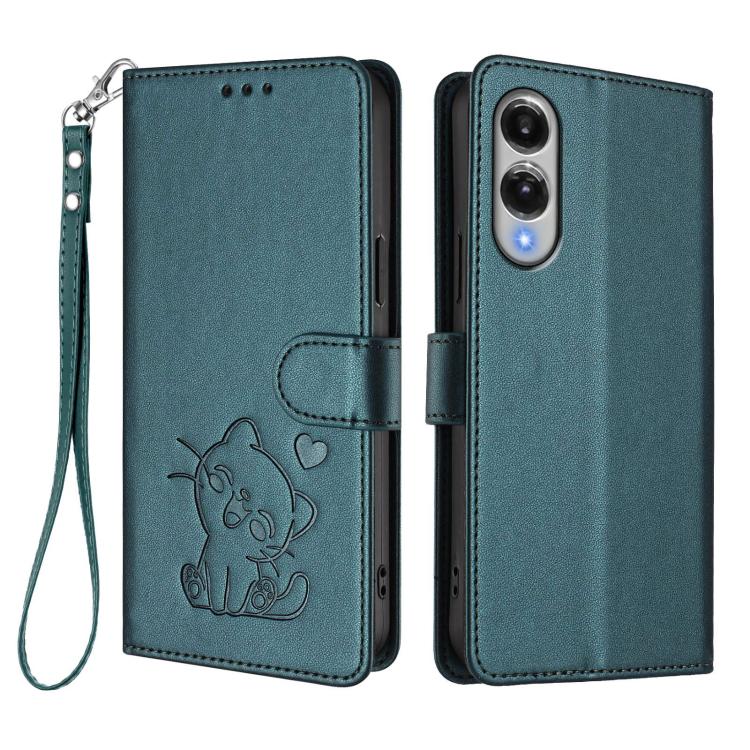 For Samsung Galaxy S25 Edge 5G Embossed Heart Cat Leather Phone Case with Hand Strap
