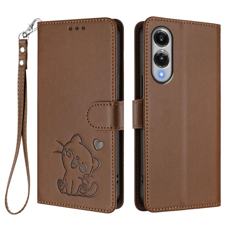 For Samsung Galaxy S25 Edge 5G Embossed Heart Cat Leather Phone Case with Hand Strap