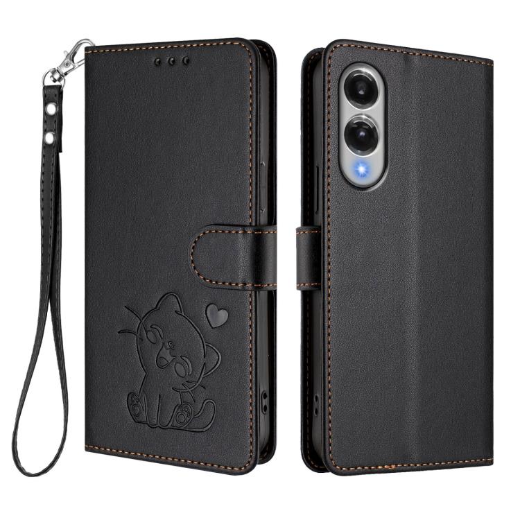 For Samsung Galaxy S25 Edge 5G Embossed Heart Cat Leather Phone Case with Hand Strap