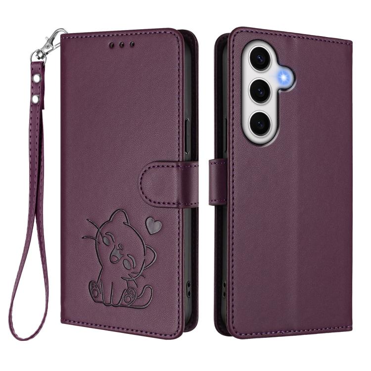 For Samsung Galaxy S24 FE 5G Embossed Heart Cat Leather Phone Case with Hand Strap