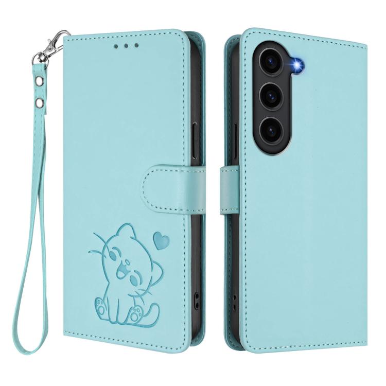 For Samsung Galaxy S23 5G Embossed Heart Cat Leather Phone Case with Hand Strap