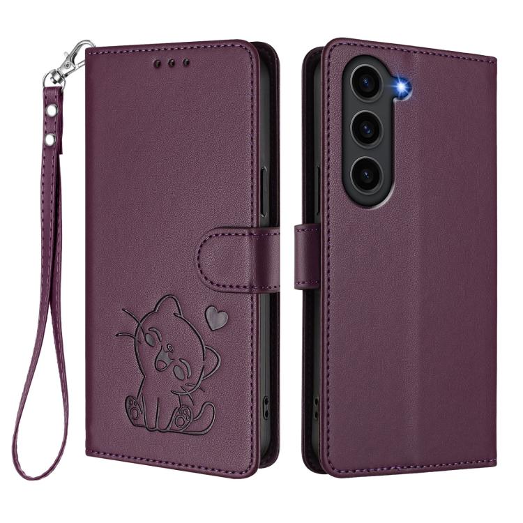 For Samsung Galaxy S23 5G Embossed Heart Cat Leather Phone Case with Hand Strap