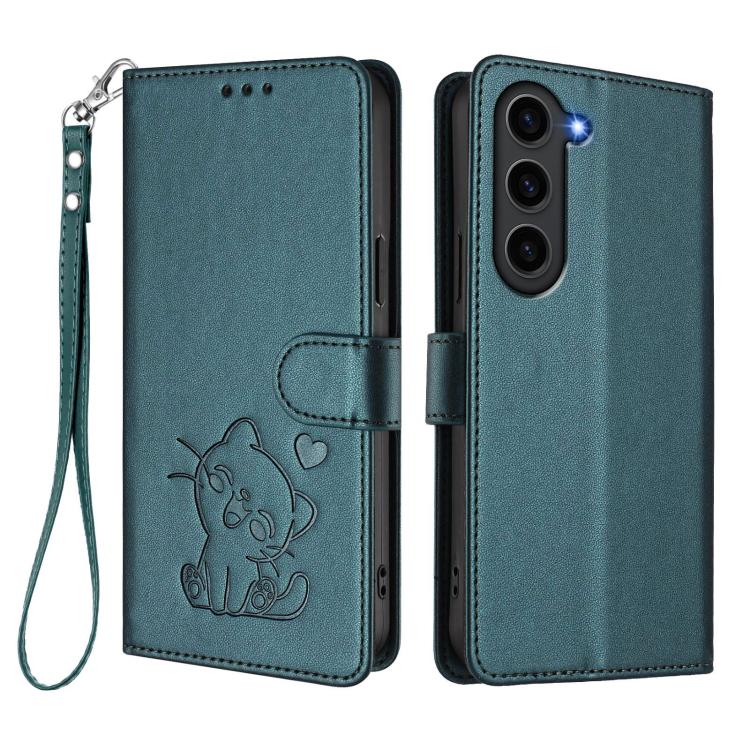For Samsung Galaxy S23 5G Embossed Heart Cat Leather Phone Case with Hand Strap