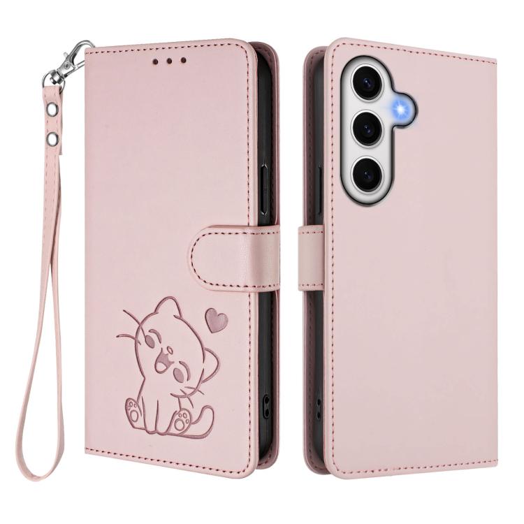 For Samsung Galaxy S23 FE 5G Embossed Heart Cat Leather Phone Case with Hand Strap
