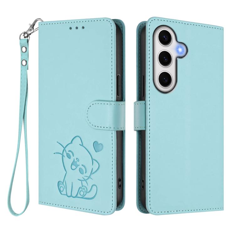 For Samsung Galaxy S23 FE 5G Embossed Heart Cat Leather Phone Case with Hand Strap