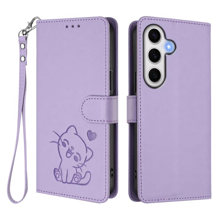 For Samsung Galaxy S23 FE 5G Embossed Heart Cat Leather Phone Case with Hand Strap