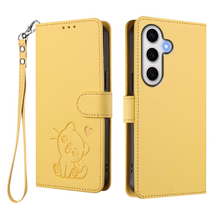 For Samsung Galaxy S23 FE 5G Embossed Heart Cat Leather Phone Case with Hand Strap