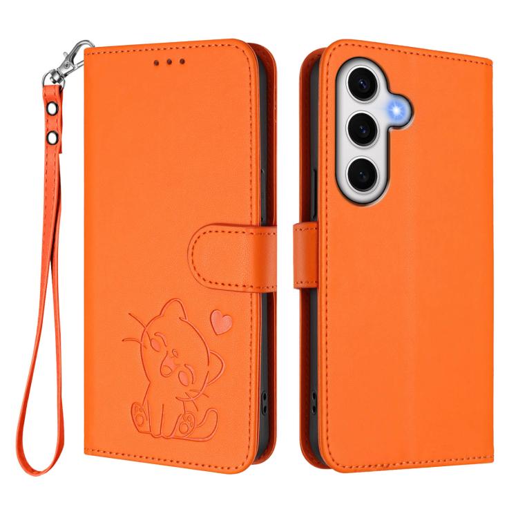 For Samsung Galaxy S23 FE 5G Embossed Heart Cat Leather Phone Case with Hand Strap