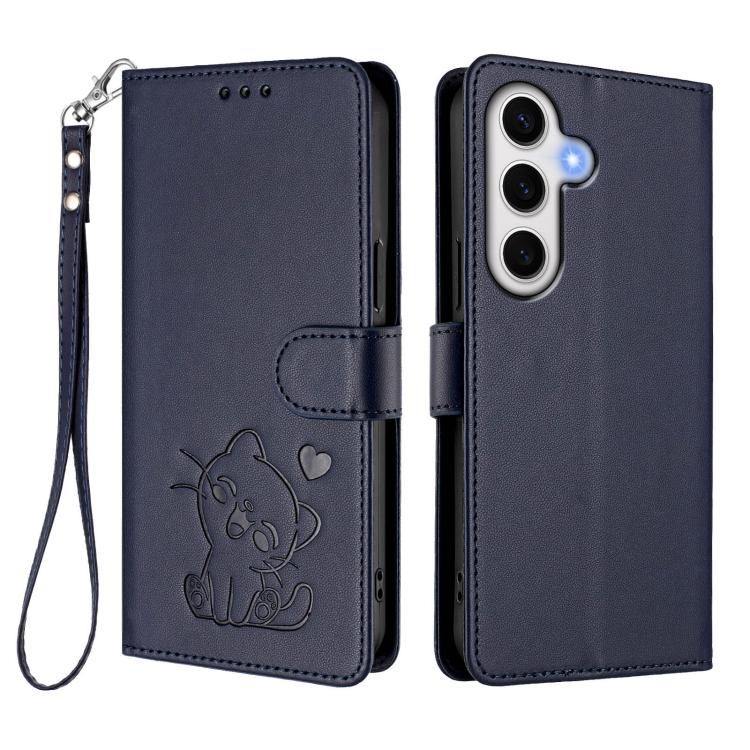 For Samsung Galaxy S23 FE 5G Embossed Heart Cat Leather Phone Case with Hand Strap