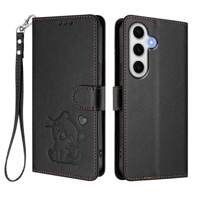 For Samsung Galaxy S23 FE 5G Embossed Heart Cat Leather Phone Case with Hand Strap