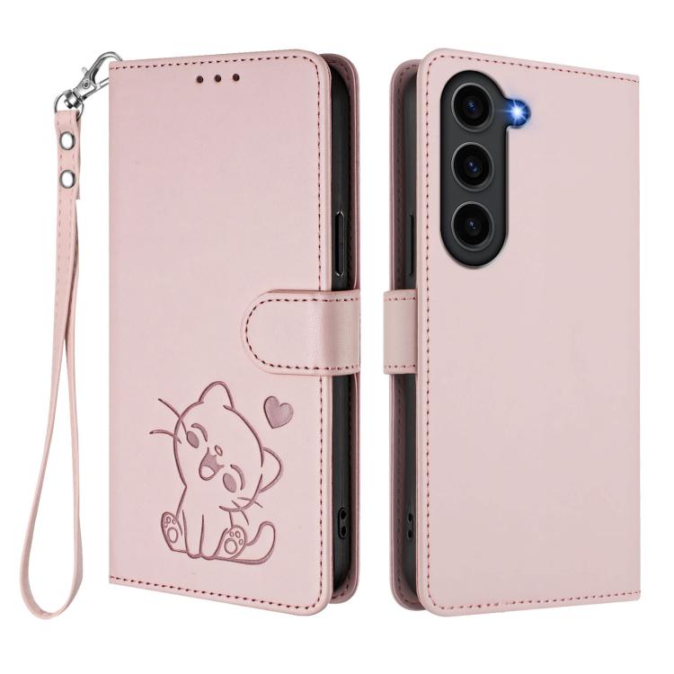 For Samsung Galaxy S23+ 5G Embossed Heart Cat Leather Phone Case with Hand Strap