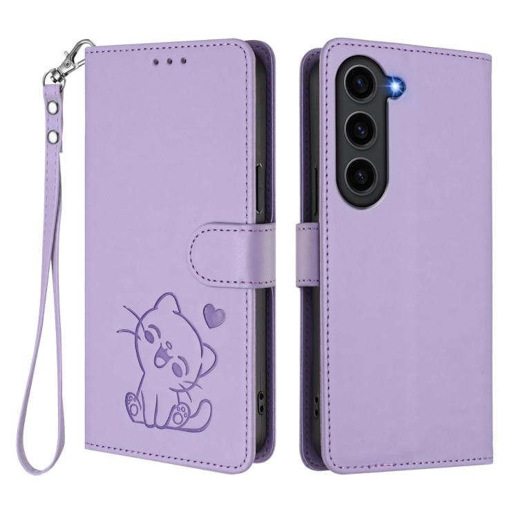 For Samsung Galaxy S23+ 5G Embossed Heart Cat Leather Phone Case with Hand Strap