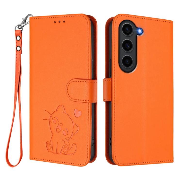 For Samsung Galaxy S23+ 5G Embossed Heart Cat Leather Phone Case with Hand Strap