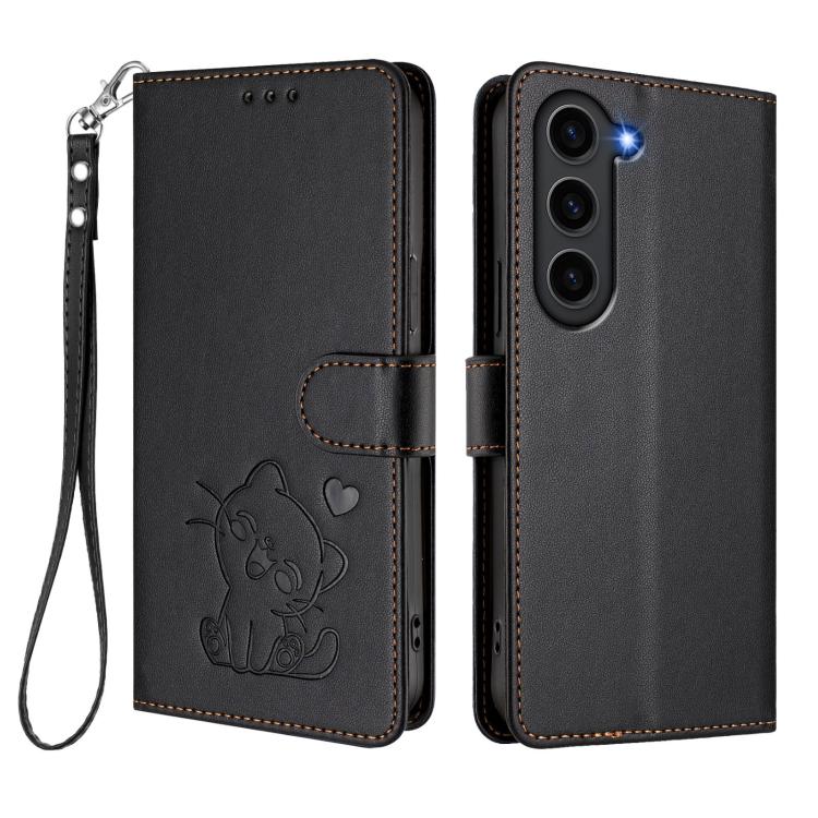 For Samsung Galaxy S23+ 5G Embossed Heart Cat Leather Phone Case with Hand Strap