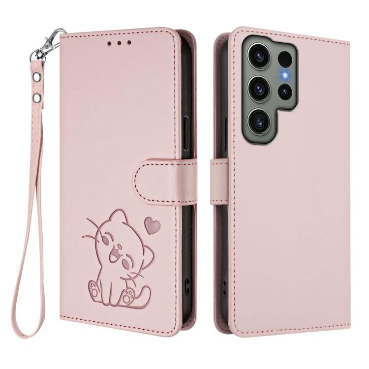 For Samsung Galaxy S23 Ultra 5G Embossed Heart Cat Leather Phone Case with Hand Strap