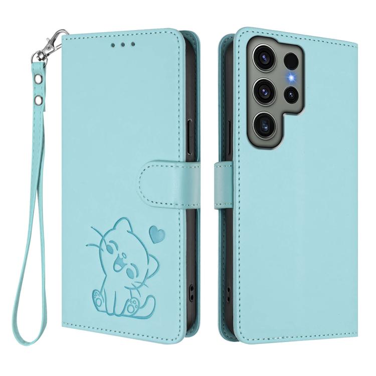 For Samsung Galaxy S23 Ultra 5G Embossed Heart Cat Leather Phone Case with Hand Strap