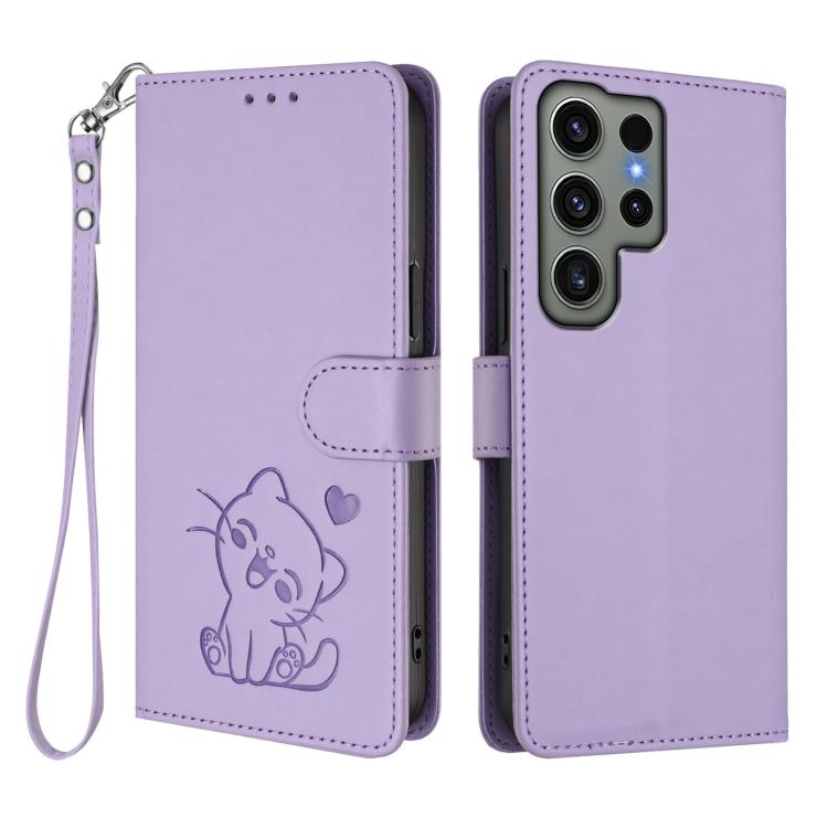 For Samsung Galaxy S23 Ultra 5G Embossed Heart Cat Leather Phone Case with Hand Strap