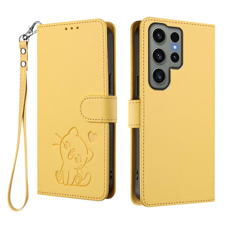 For Samsung Galaxy S23 Ultra 5G Embossed Heart Cat Leather Phone Case with Hand Strap