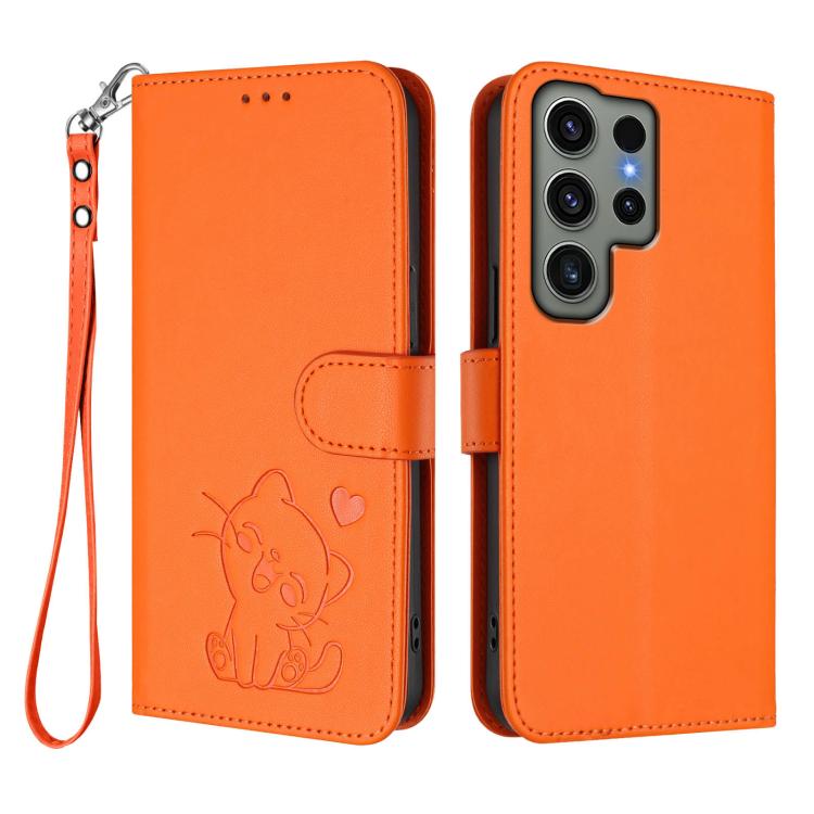 For Samsung Galaxy S23 Ultra 5G Embossed Heart Cat Leather Phone Case with Hand Strap