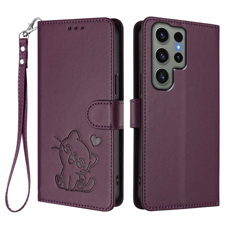 For Samsung Galaxy S23 Ultra 5G Embossed Heart Cat Leather Phone Case with Hand Strap