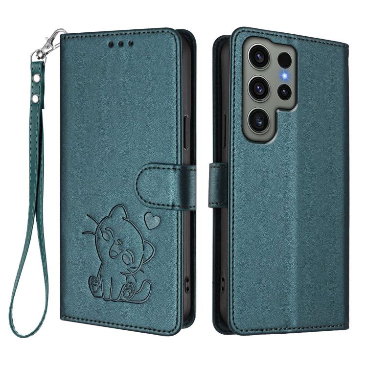 For Samsung Galaxy S23 Ultra 5G Embossed Heart Cat Leather Phone Case with Hand Strap