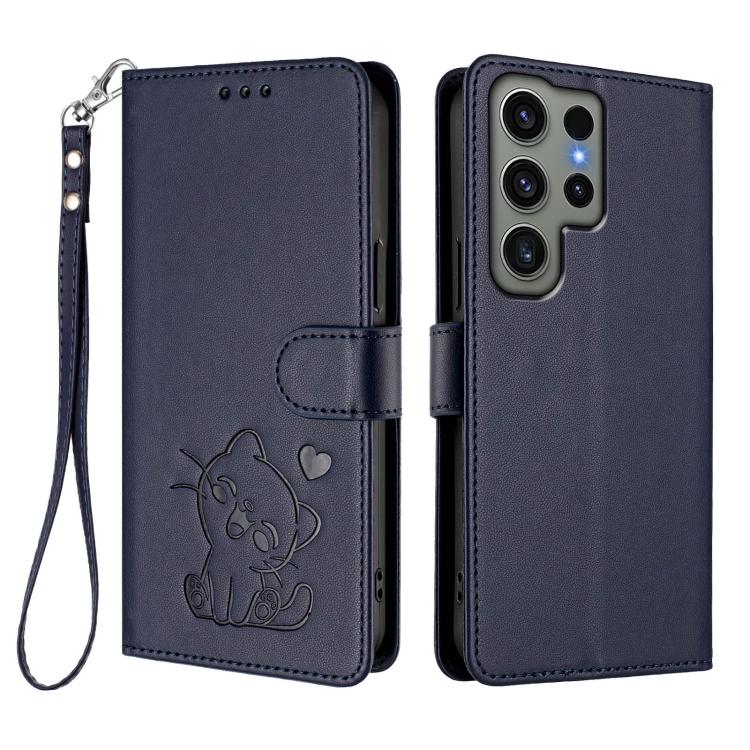 For Samsung Galaxy S23 Ultra 5G Embossed Heart Cat Leather Phone Case with Hand Strap