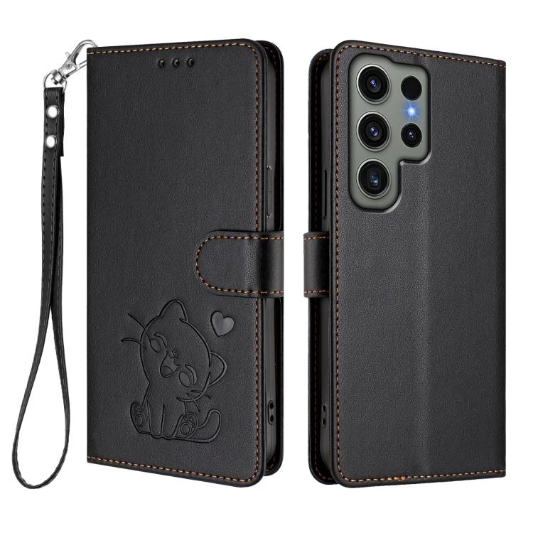 For Samsung Galaxy S23 Ultra 5G Embossed Heart Cat Leather Phone Case with Hand Strap