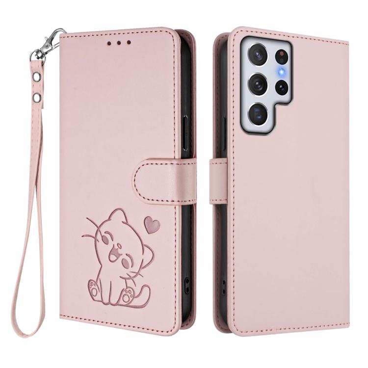 For Samsung Galaxy S22 Ultra 5G Embossed Heart Cat Leather Phone Case with Hand Strap