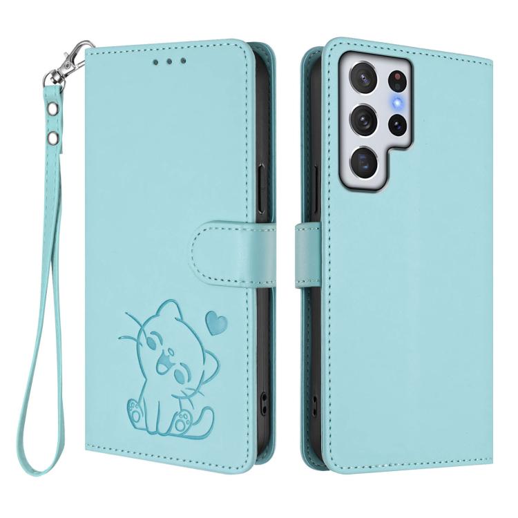 For Samsung Galaxy S22 Ultra 5G Embossed Heart Cat Leather Phone Case with Hand Strap