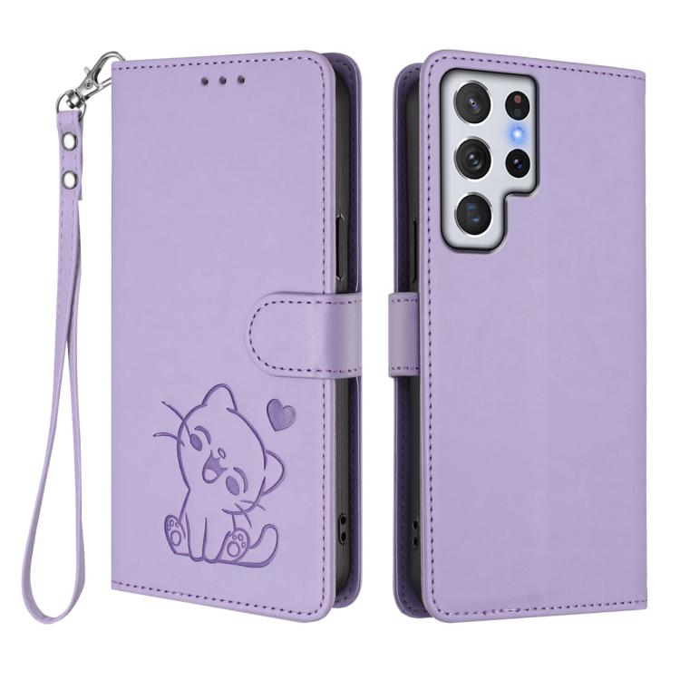 For Samsung Galaxy S22 Ultra 5G Embossed Heart Cat Leather Phone Case with Hand Strap