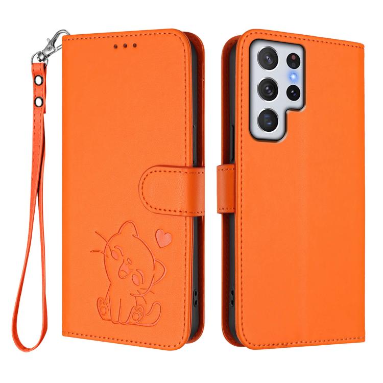 For Samsung Galaxy S22 Ultra 5G Embossed Heart Cat Leather Phone Case with Hand Strap