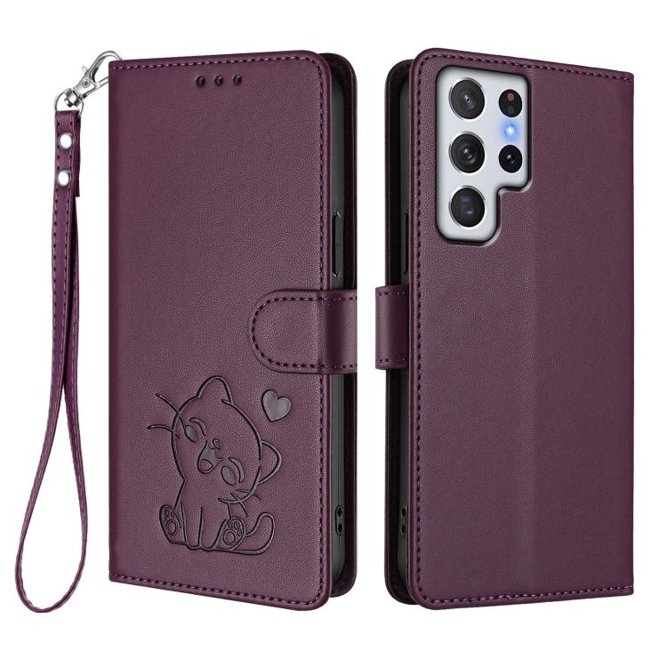 For Samsung Galaxy S22 Ultra 5G Embossed Heart Cat Leather Phone Case with Hand Strap