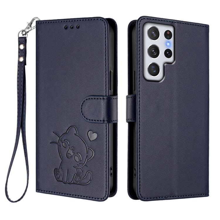 For Samsung Galaxy S22 Ultra 5G Embossed Heart Cat Leather Phone Case with Hand Strap