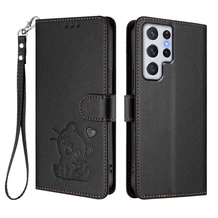 For Samsung Galaxy S22 Ultra 5G Embossed Heart Cat Leather Phone Case with Hand Strap