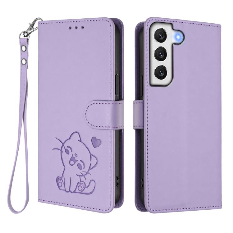 For Samsung Galaxy S22+ 5G Embossed Heart Cat Leather Phone Case with Hand Strap