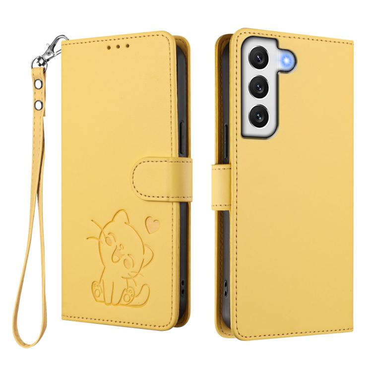 For Samsung Galaxy S22+ 5G Embossed Heart Cat Leather Phone Case with Hand Strap