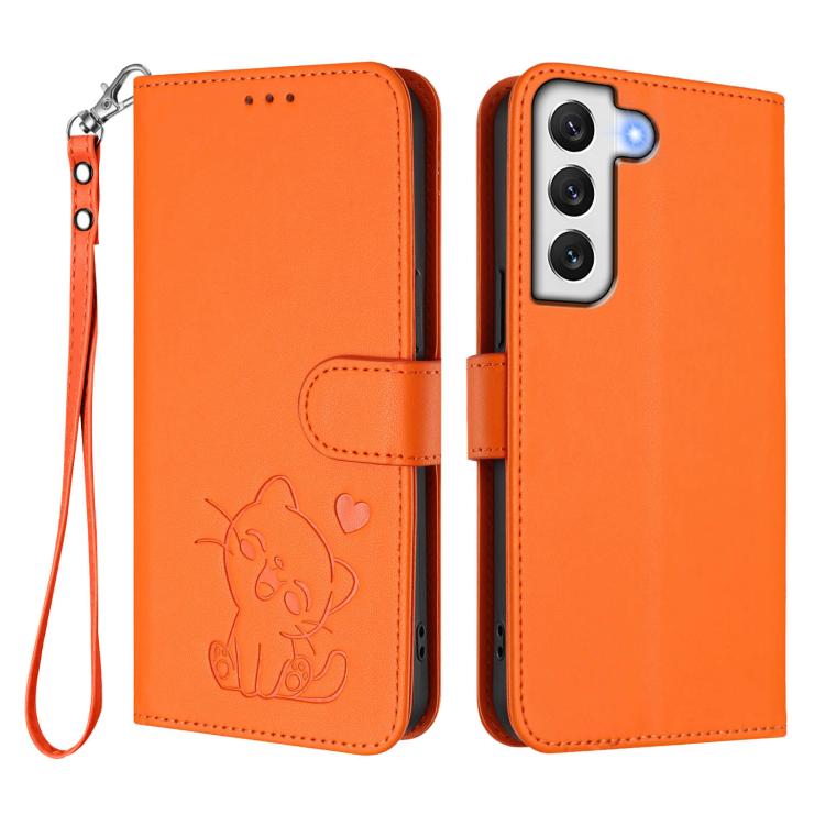 For Samsung Galaxy S22+ 5G Embossed Heart Cat Leather Phone Case with Hand Strap