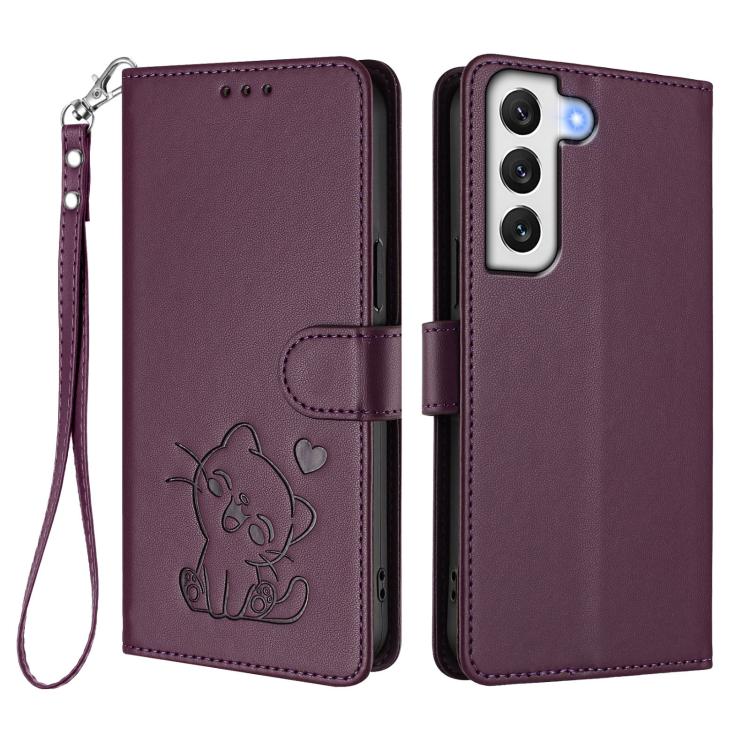 For Samsung Galaxy S22+ 5G Embossed Heart Cat Leather Phone Case with Hand Strap