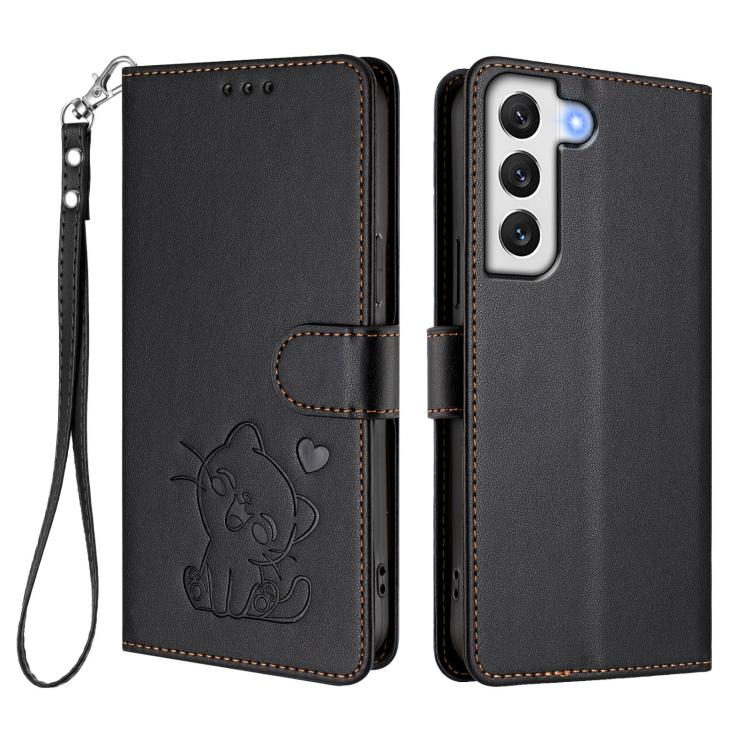 For Samsung Galaxy S22+ 5G Embossed Heart Cat Leather Phone Case with Hand Strap