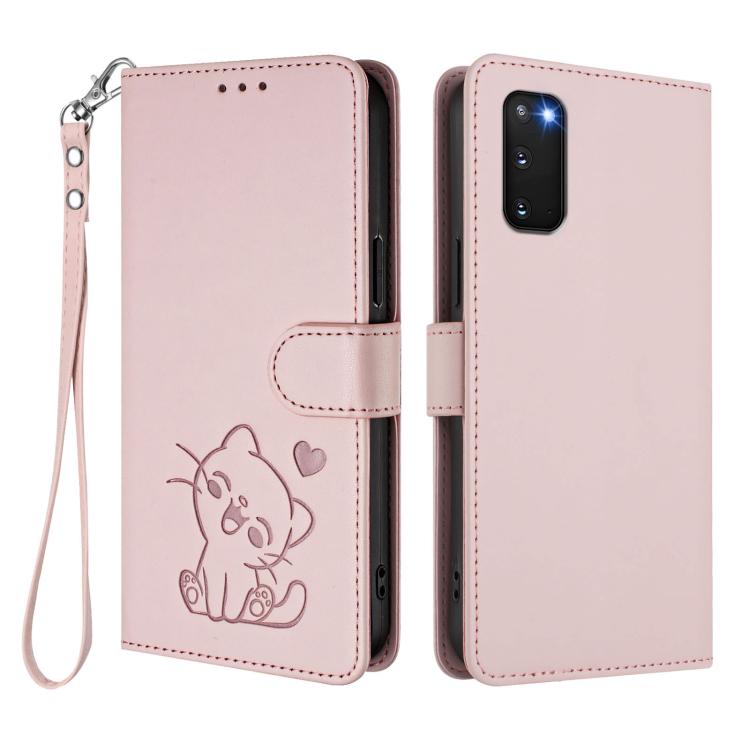 For Samsung Galaxy S20 FE Embossed Heart Cat Leather Phone Case with Hand Strap