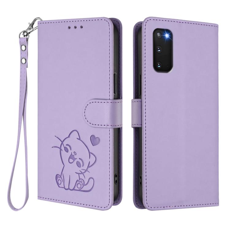 For Samsung Galaxy S20 FE Embossed Heart Cat Leather Phone Case with Hand Strap