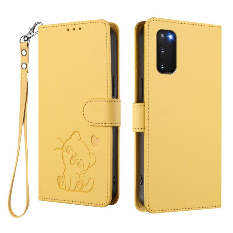 For Samsung Galaxy S20 FE Embossed Heart Cat Leather Phone Case with Hand Strap