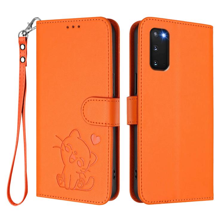 For Samsung Galaxy S20 FE Embossed Heart Cat Leather Phone Case with Hand Strap