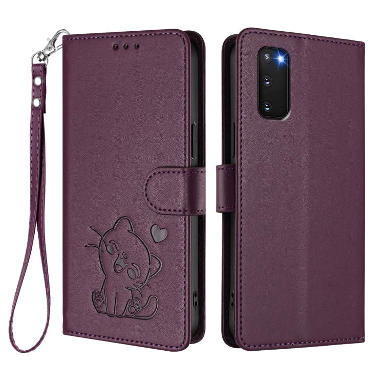 For Samsung Galaxy S20 FE Embossed Heart Cat Leather Phone Case with Hand Strap