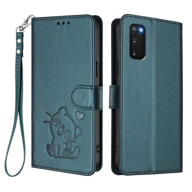 For Samsung Galaxy S20 FE Embossed Heart Cat Leather Phone Case with Hand Strap