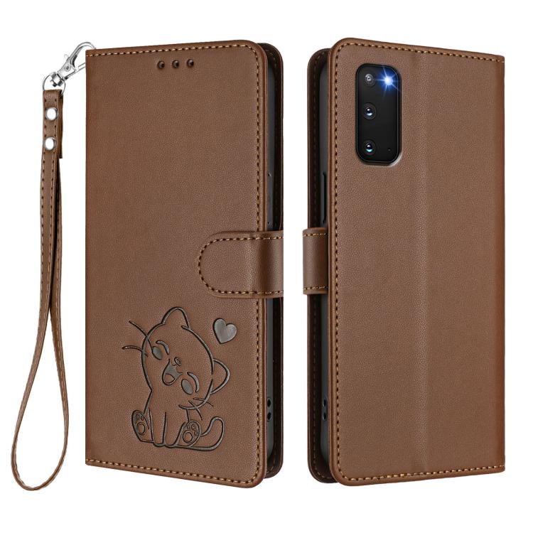 For Samsung Galaxy S20 FE Embossed Heart Cat Leather Phone Case with Hand Strap