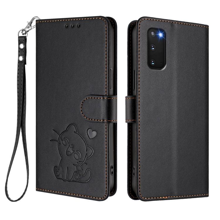 For Samsung Galaxy S20 FE Embossed Heart Cat Leather Phone Case with Hand Strap