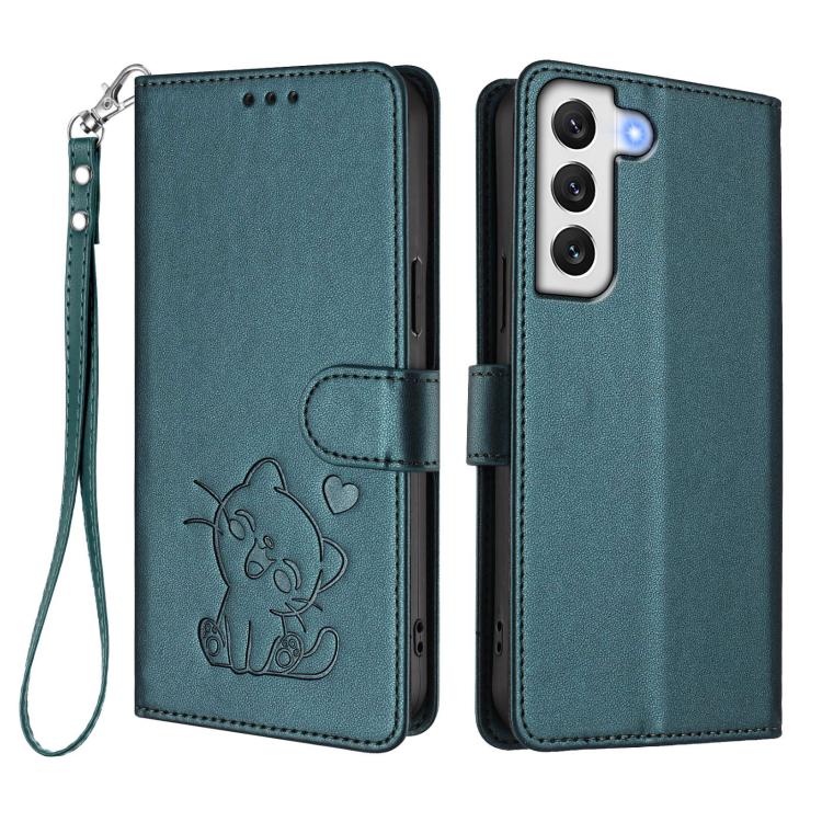 For Samsung Galaxy S21 5G Embossed Heart Cat Leather Phone Case with Hand Strap