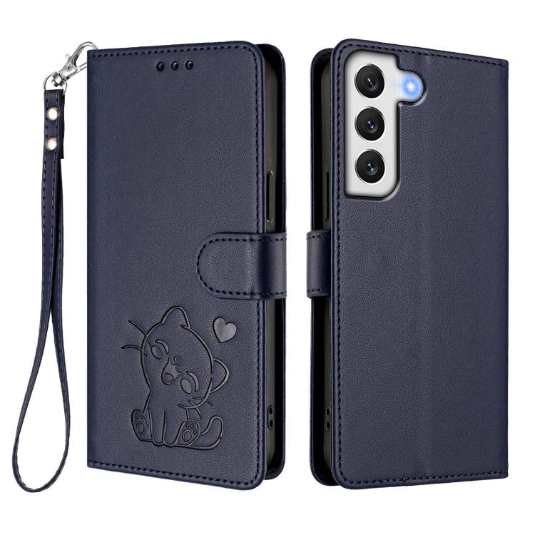 For Samsung Galaxy S21 5G Embossed Heart Cat Leather Phone Case with Hand Strap