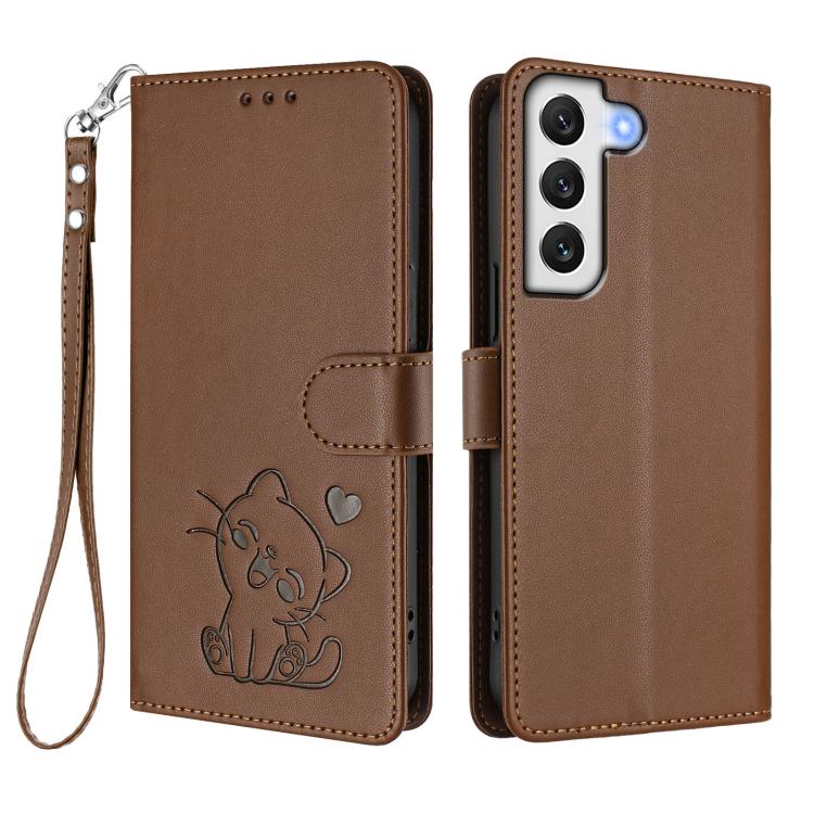 For Samsung Galaxy S21 5G Embossed Heart Cat Leather Phone Case with Hand Strap